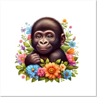 A baby gorilla decorated with beautiful colorful flowers. Posters and Art